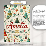 Christmas Trees Ornaments Candy Canes Festive Seamless Pattern  Personalised Custom Name Super Soft Fleece Blanket Bed Sofa Throw