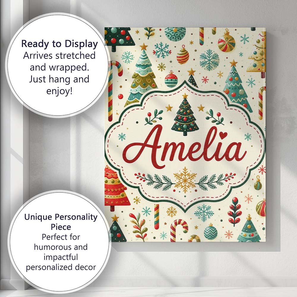 Personalised Name Christmas Trees Ornaments Custom  Bespoke Interior Contemporary Canvas Wall Art Print Decor Picture Ready to Hang
