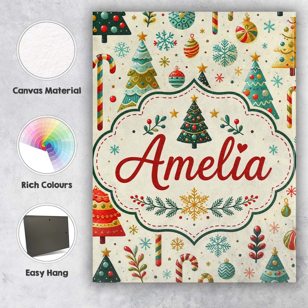Personalised Name Christmas Trees Ornaments Custom  Bespoke Interior Contemporary Canvas Wall Art Print Decor Picture Ready to Hang