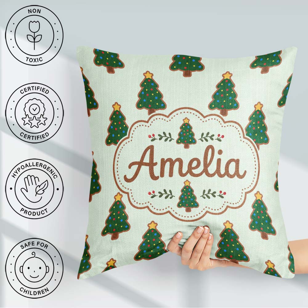 Custom Name Christmas Tree Cookies with Colorful Lights Seamless Square Filled Cushion Throw Pillow Sofa Bed Home Decor Zip Washable UK Made