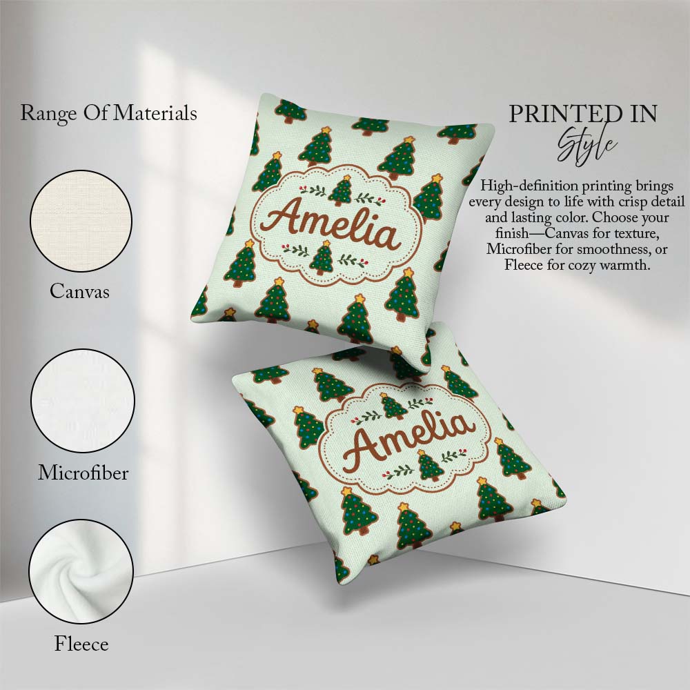 Custom Name Christmas Tree Cookies with Colorful Lights Seamless Square Filled Cushion Throw Pillow Sofa Bed Home Decor Zip Washable UK Made
