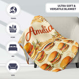Vintage Burger Illustration Seamless Pattern Fast Food Snack Design  Personalised Custom Name Super Soft Fleece Blanket Bed Sofa Throw