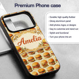 Vintage Burger Illustration Seamless Pattern Fast Custom Name Protective Phone Case Mobile Cover Durable Everyday Smartphone Shock Resistant