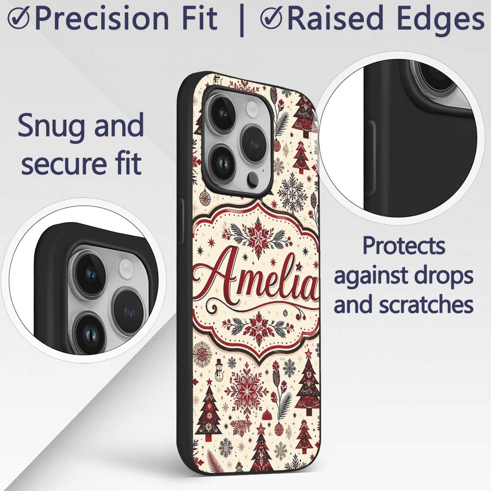 Vintage Red Black Snowflakes and Christmas Trees Custom Name Protective Phone Case Mobile Cover Durable Everyday Smartphone Shock Resistant