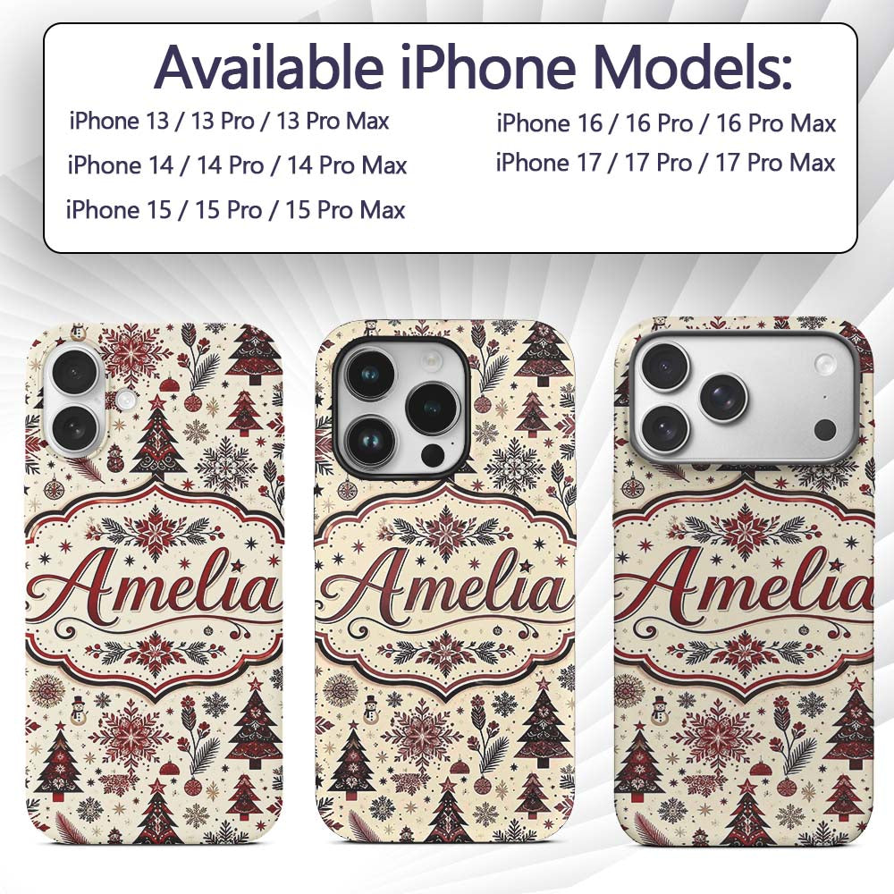 Vintage Red Black Snowflakes and Christmas Trees Custom Name Protective Phone Case Mobile Cover Durable Everyday Smartphone Shock Resistant