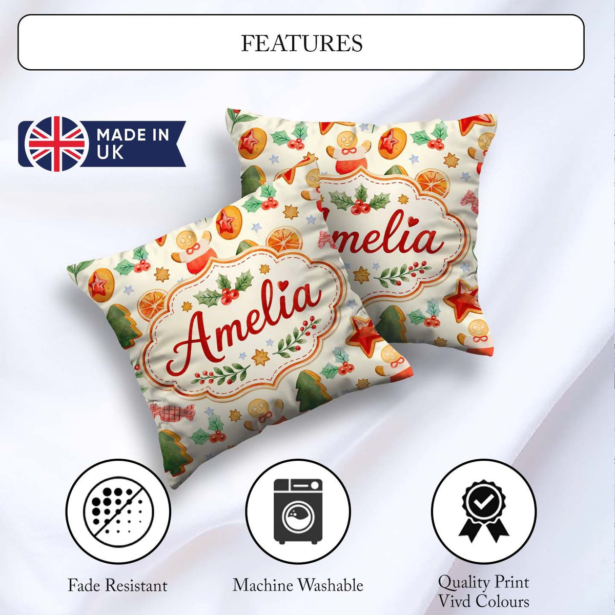 Custom Name Festive Christmas Gingerbread Orange Slices Seamless Square Filled Cushion Throw Pillow Sofa Bed Home Decor Zip Washable UK Made