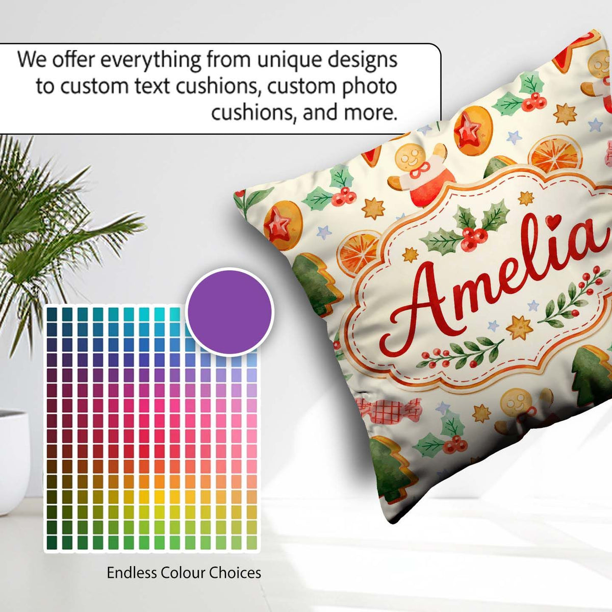 Custom Name Festive Christmas Gingerbread Orange Slices Seamless Square Filled Cushion Throw Pillow Sofa Bed Home Decor Zip Washable UK Made