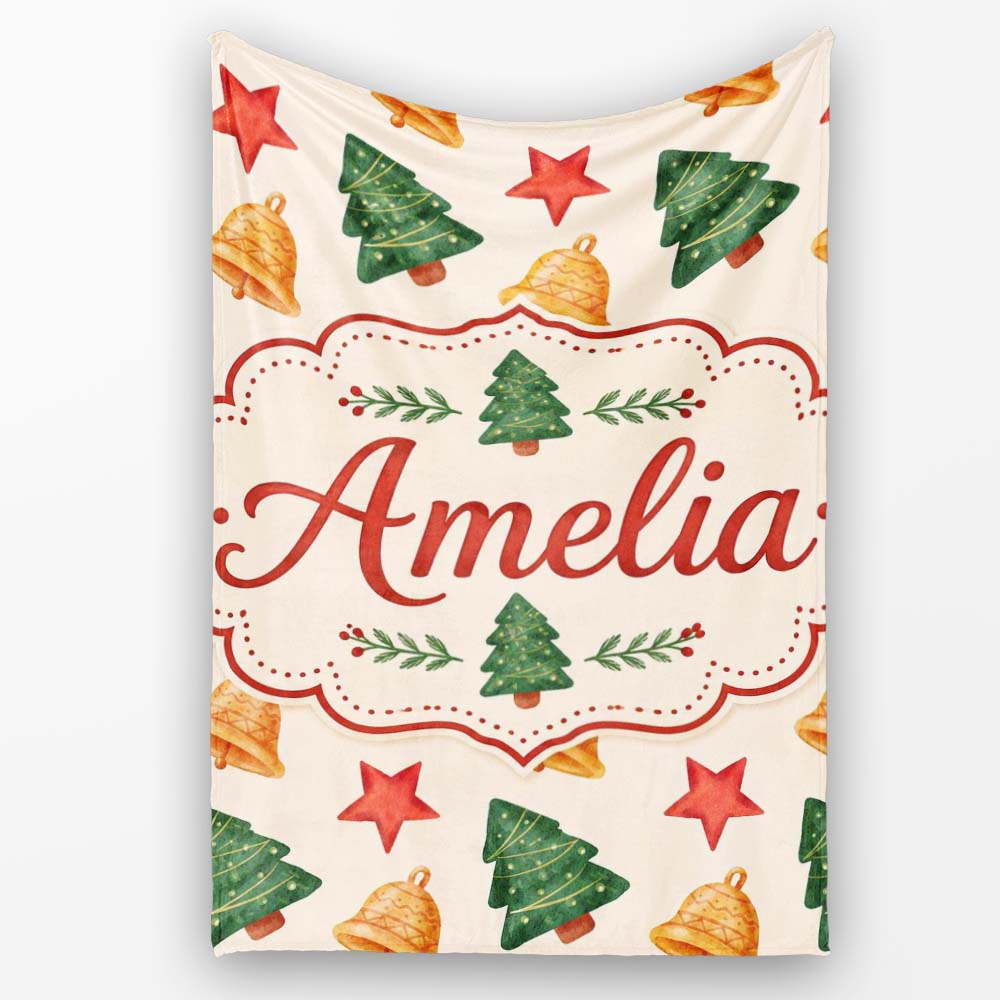 Watercolor Christmas Bells Stars and Trees Seamless Pattern Lovely  Personalised Custom Name Super Soft Fleece Blanket Bed Sofa Throw