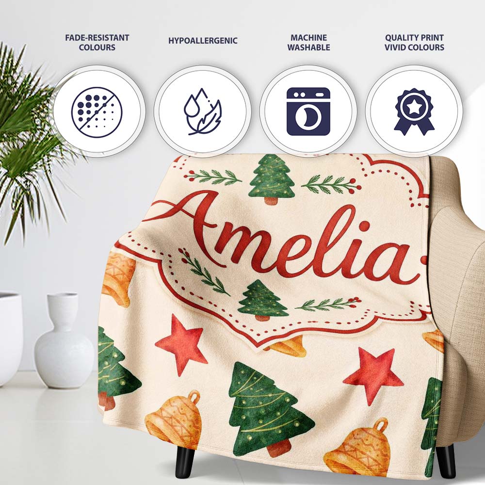 Watercolor Christmas Bells Stars and Trees Seamless Pattern Lovely  Personalised Custom Name Super Soft Fleece Blanket Bed Sofa Throw