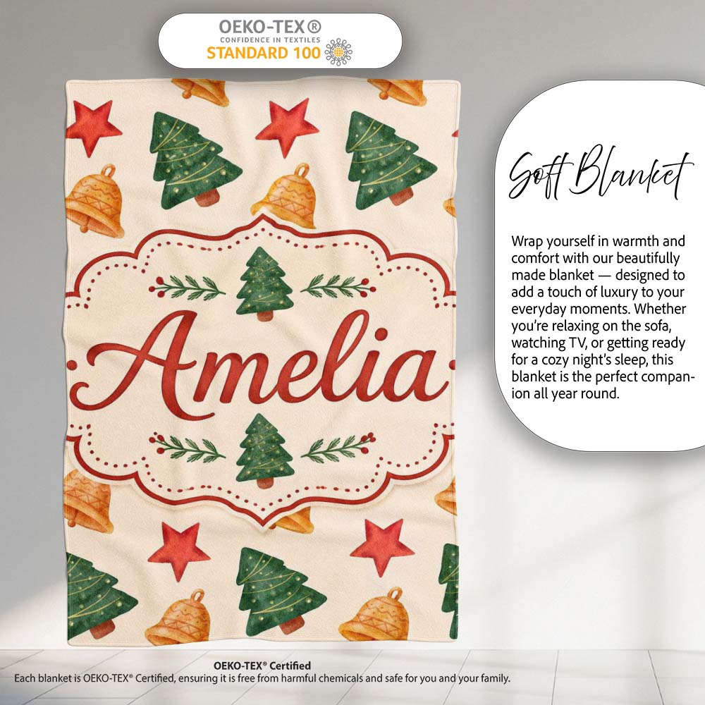 Watercolor Christmas Bells Stars and Trees Seamless Pattern Lovely  Personalised Custom Name Super Soft Fleece Blanket Bed Sofa Throw