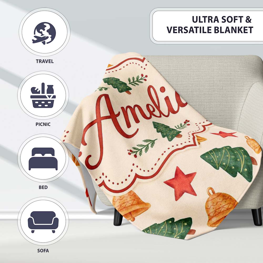Watercolor Christmas Bells Stars and Trees Seamless Pattern Lovely  Personalised Custom Name Super Soft Fleece Blanket Bed Sofa Throw