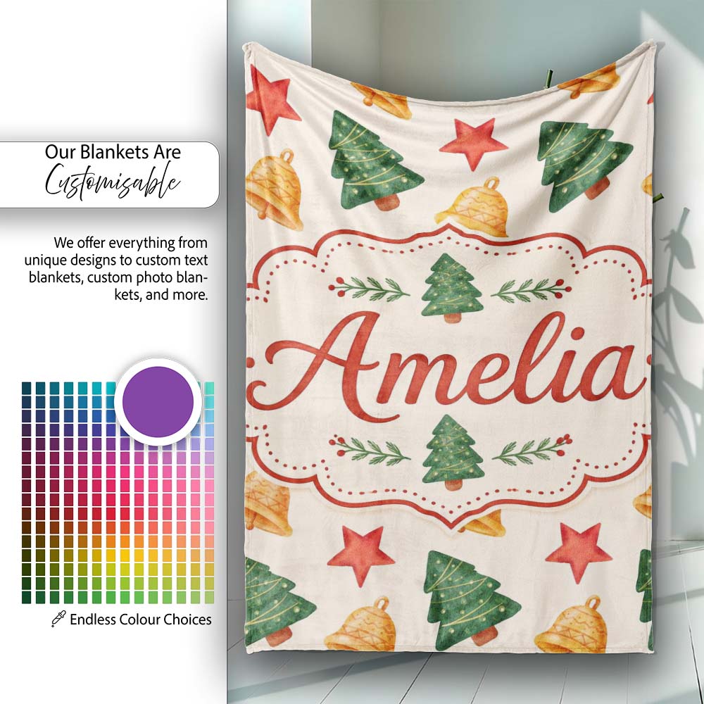 Watercolor Christmas Bells Stars and Trees Seamless Pattern Lovely  Personalised Custom Name Super Soft Fleece Blanket Bed Sofa Throw