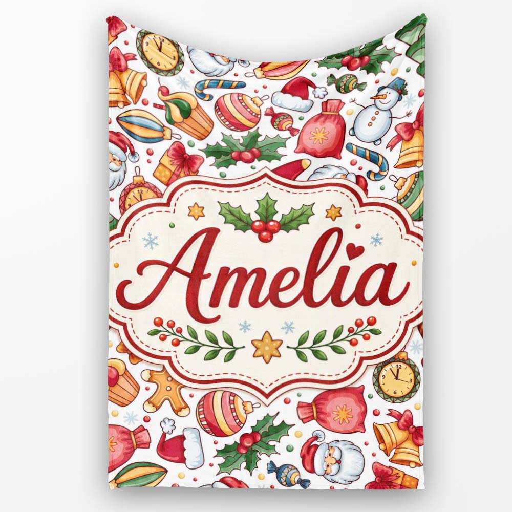 Cute Christmas Santa Gifts Snowman Candy Seamless Pattern Lovely  Personalised Custom Name Super Soft Fleece Blanket Bed Sofa Throw