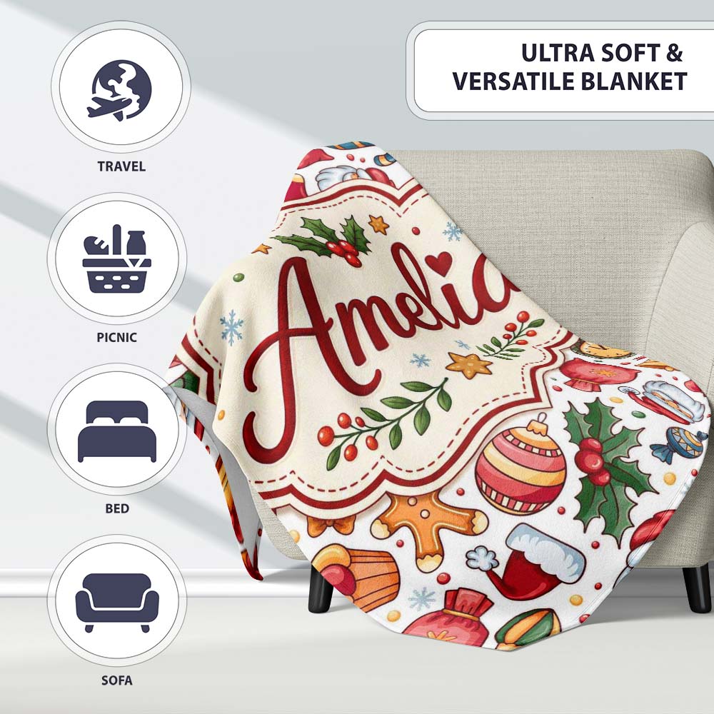 Cute Christmas Santa Gifts Snowman Candy Seamless Pattern Lovely  Personalised Custom Name Super Soft Fleece Blanket Bed Sofa Throw
