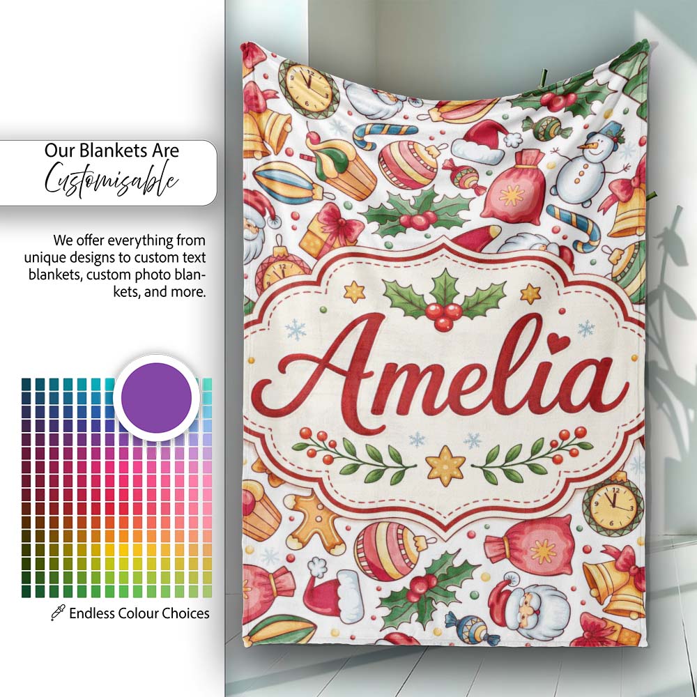 Cute Christmas Santa Gifts Snowman Candy Seamless Pattern Lovely  Personalised Custom Name Super Soft Fleece Blanket Bed Sofa Throw