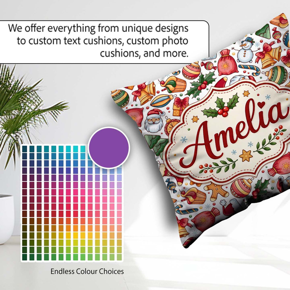 Custom Name Christmas Santa Gifts Snowman Candy Seamless Pattern Square Filled Cushion Throw Pillow Sofa Bed Home Decor Zip Washable UK Made