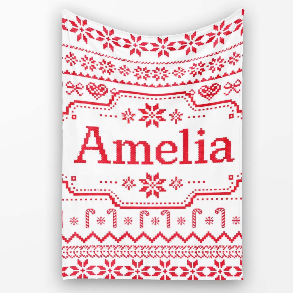 Scandinavian Red Nordic Knit Snowflake  Seamless Pattern  Personalised Custom Name Super Soft Fleece Blanket Bed Sofa Throw