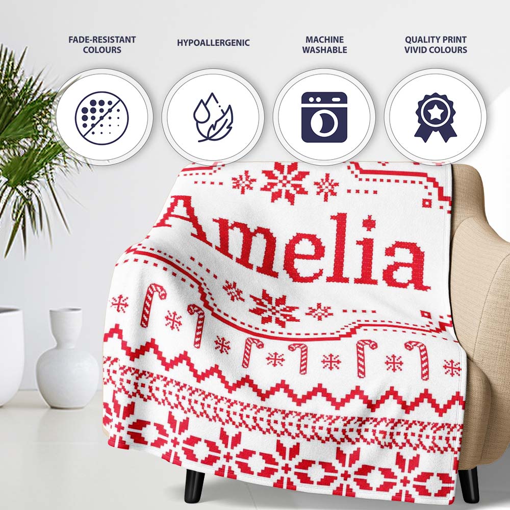 Scandinavian Red Nordic Knit Snowflake  Seamless Pattern  Personalised Custom Name Super Soft Fleece Blanket Bed Sofa Throw
