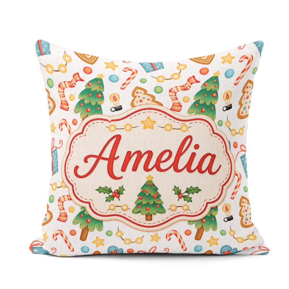 Custom Name Christmas Cookies Candy Canes Gifts and Tree Pattern Square Filled Cushion Throw Pillow Sofa Bed Home Decor Zip Washable UK Made