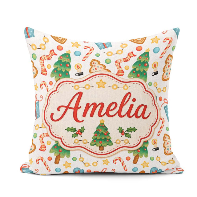 Custom Name Christmas Cookies Candy Canes Gifts and Tree Pattern Square Filled Cushion Throw Pillow Sofa Bed Home Decor Zip Washable UK Made