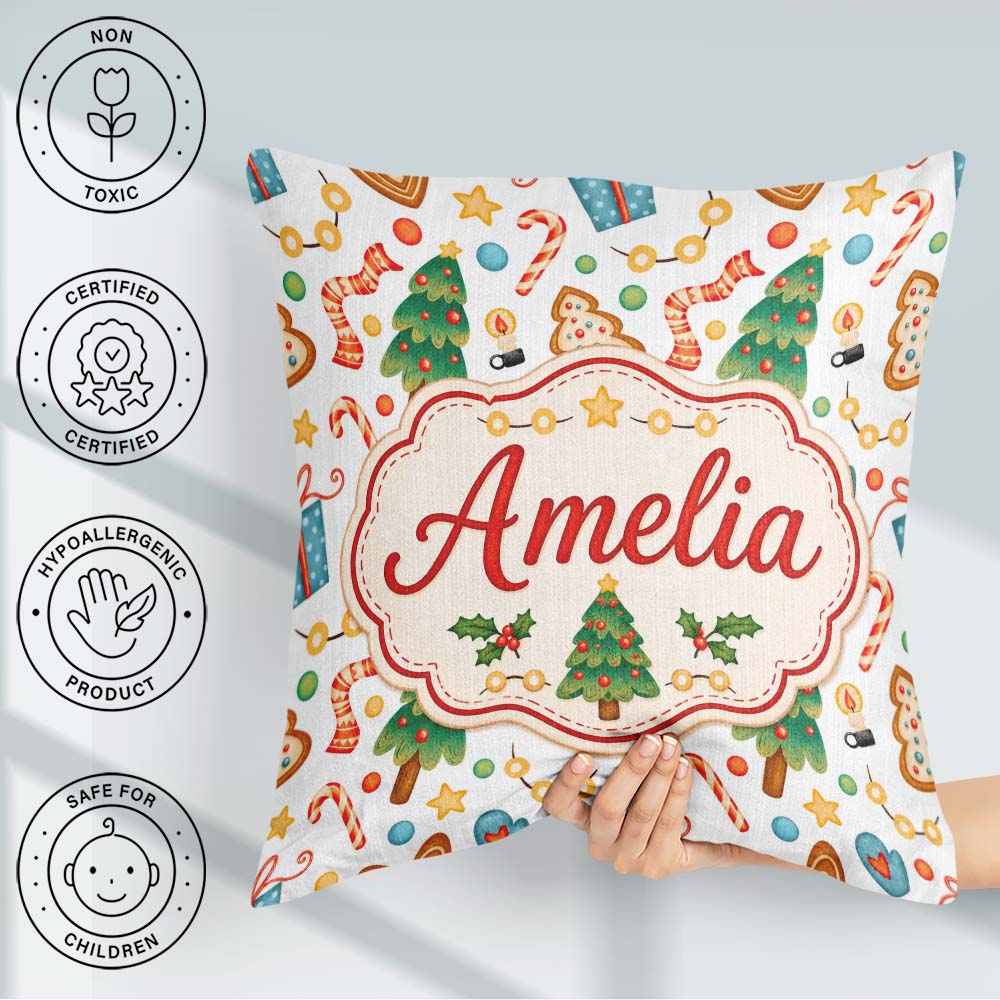 Custom Name Christmas Cookies Candy Canes Gifts and Tree Pattern Square Filled Cushion Throw Pillow Sofa Bed Home Decor Zip Washable UK Made