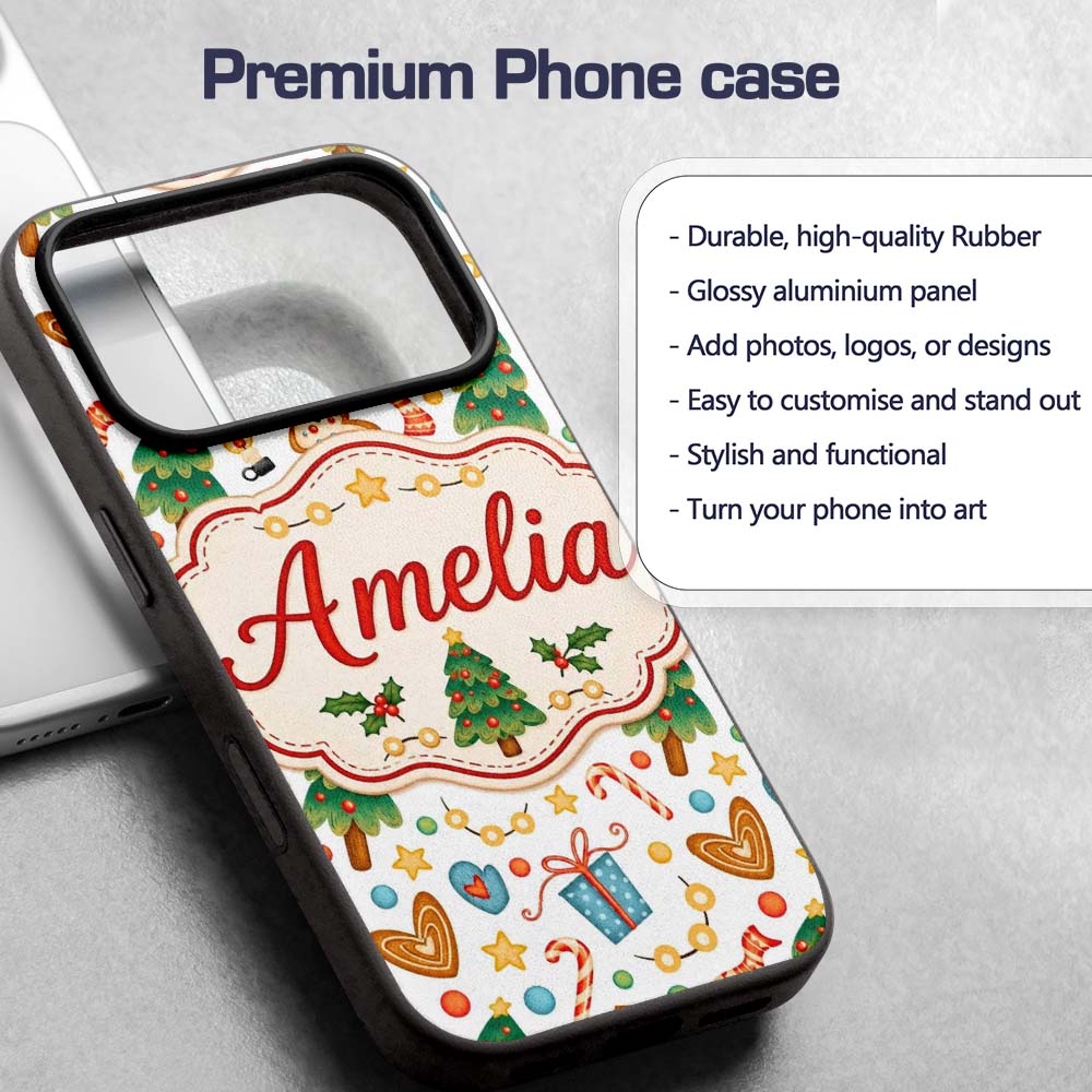 Cute Christmas Cookies Candy Canes Gifts and Tree Custom Name Protective Phone Case Mobile Cover Durable Everyday Smartphone Shock Resistant