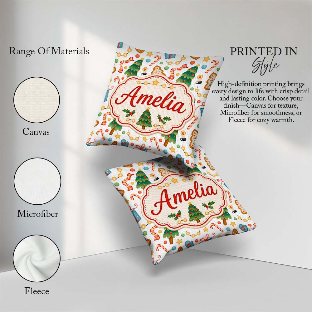 Custom Name Christmas Cookies Candy Canes Gifts and Tree Pattern Square Filled Cushion Throw Pillow Sofa Bed Home Decor Zip Washable UK Made