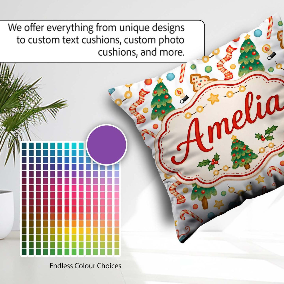 Custom Name Christmas Cookies Candy Canes Gifts and Tree Pattern Square Filled Cushion Throw Pillow Sofa Bed Home Decor Zip Washable UK Made