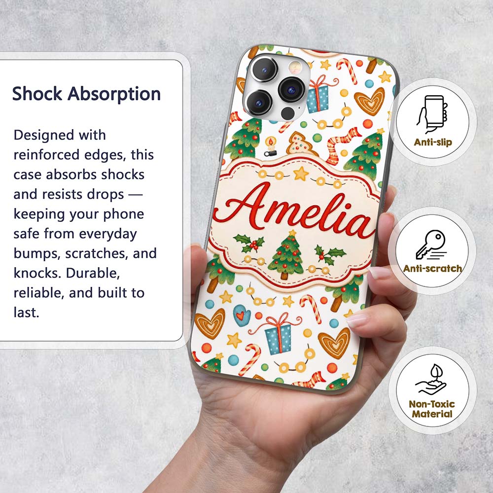 Cute Christmas Cookies Candy Canes Gifts and Tree Custom Name Protective Phone Case Mobile Cover Durable Everyday Smartphone Shock Resistant