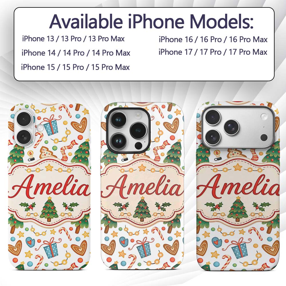 Cute Christmas Cookies Candy Canes Gifts and Tree Custom Name Protective Phone Case Mobile Cover Durable Everyday Smartphone Shock Resistant