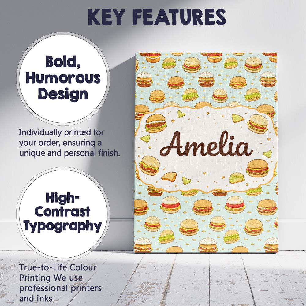 Personalised Name Cute Burger Seamless Pattern Mint Background Fast Custom Canvas Wall Art Print Decor Picture Ready to Hang