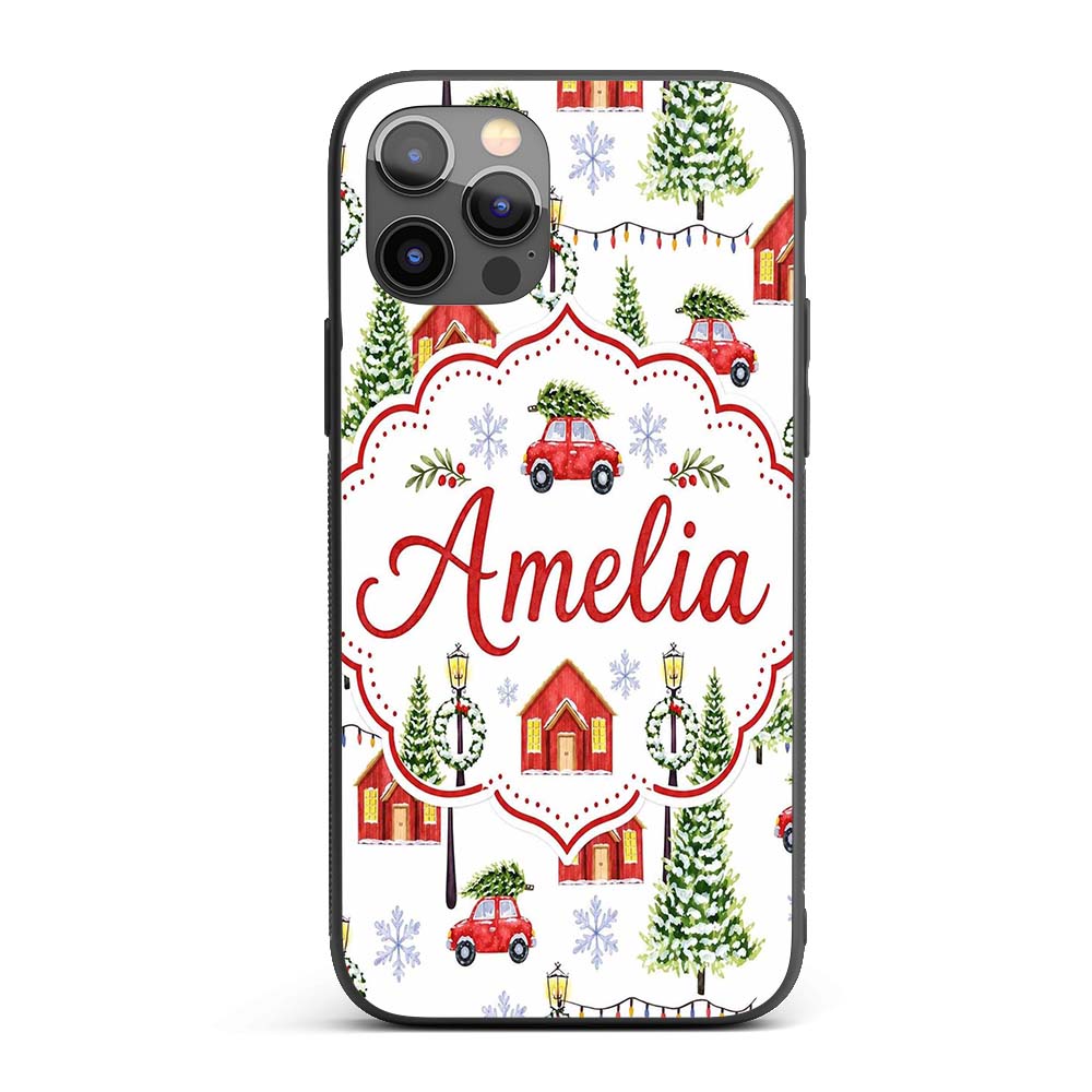 Watercolor Winter Village Houses Trees Cars Snow Custom Name Protective Phone Case Mobile Cover Durable Everyday Smartphone Shock Resistant