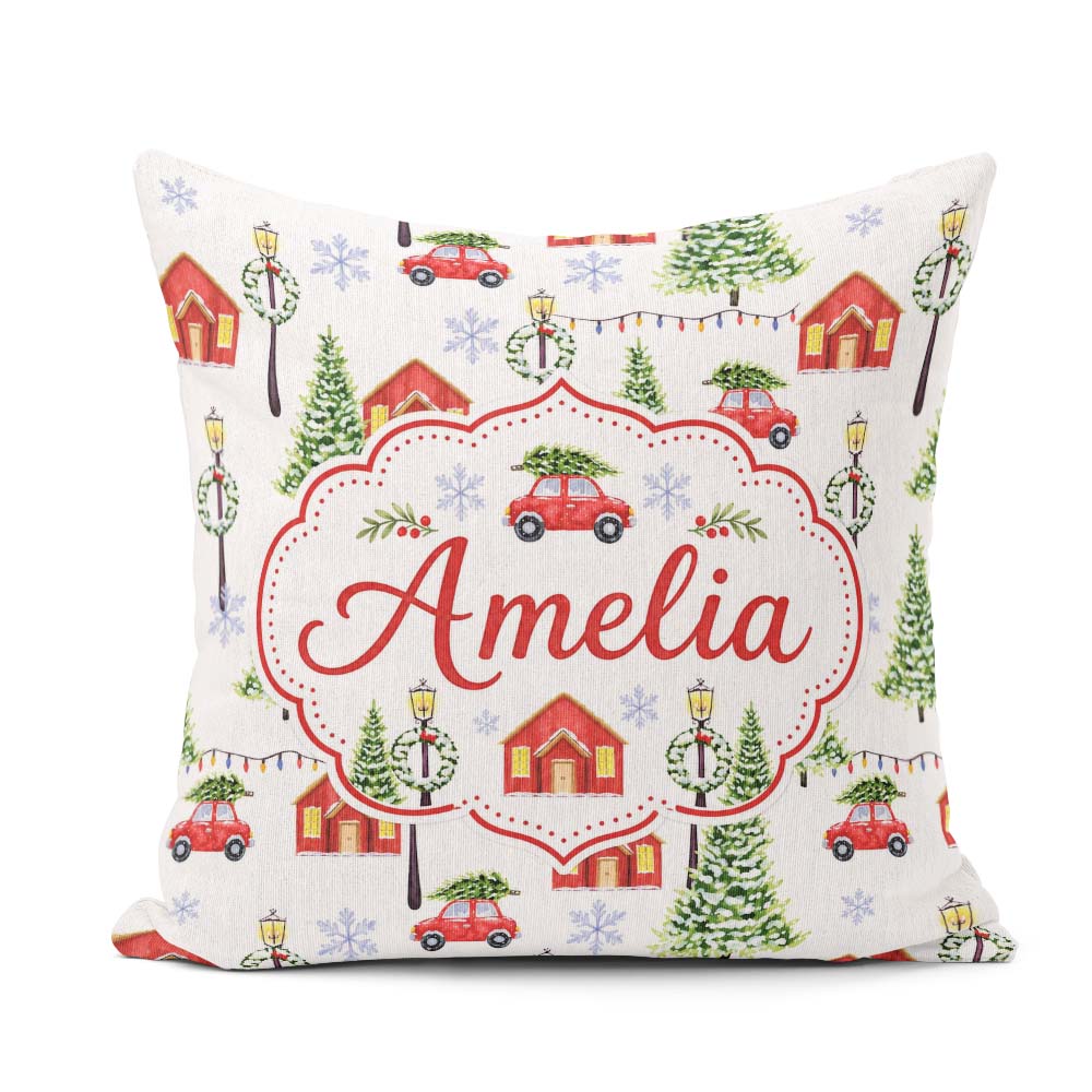 Custom Name Watercolor Winter Village Houses Trees Cars Seamless Square Filled Cushion Throw Pillow Sofa Bed Home Decor Zip Washable UK Made