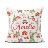 Custom Name Watercolor Winter Village Houses Trees Cars Seamless Square Filled Cushion Throw Pillow Sofa Bed Home Decor Zip Washable UK Made