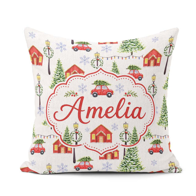Custom Name Watercolor Winter Village Houses Trees Cars Seamless Square Filled Cushion Throw Pillow Sofa Bed Home Decor Zip Washable UK Made