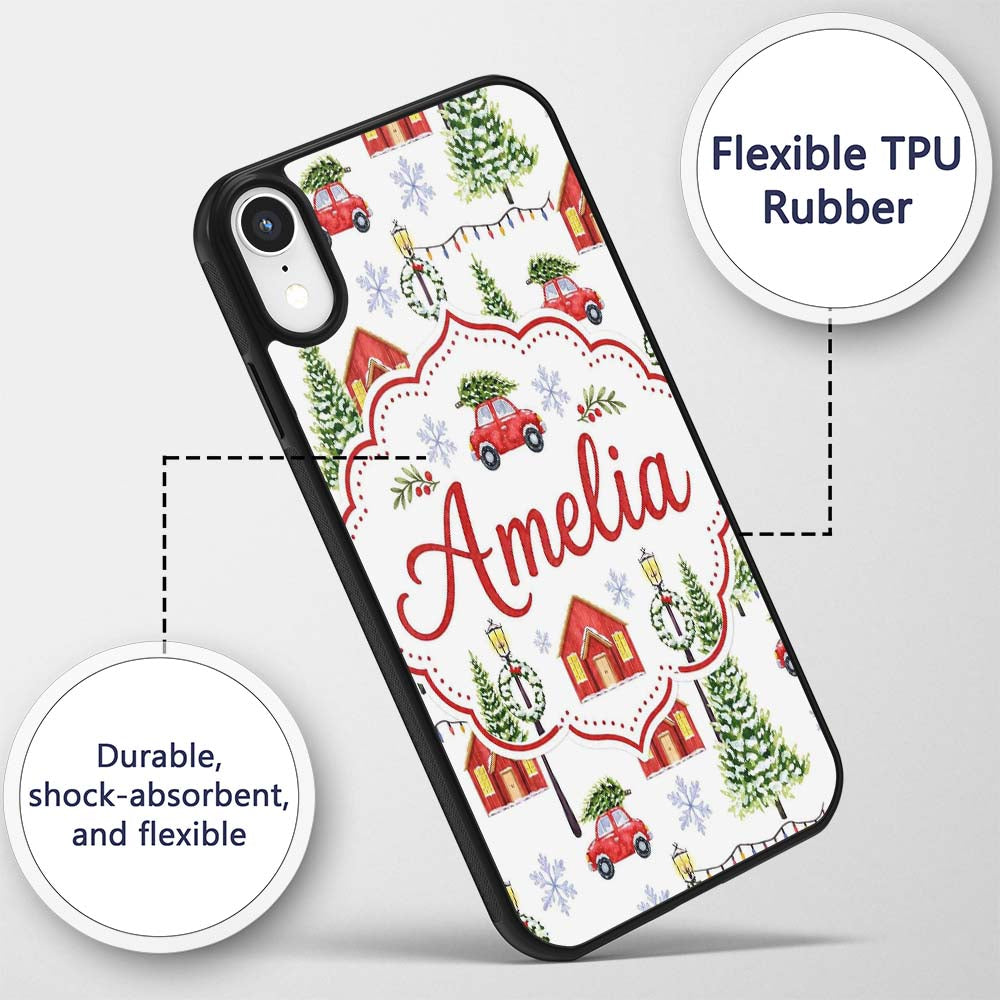 Watercolor Winter Village Houses Trees Cars Snow Custom Name Protective Phone Case Mobile Cover Durable Everyday Smartphone Shock Resistant