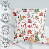 Custom Name Watercolor Winter Village Houses Trees Cars Seamless Square Filled Cushion Throw Pillow Sofa Bed Home Decor Zip Washable UK Made
