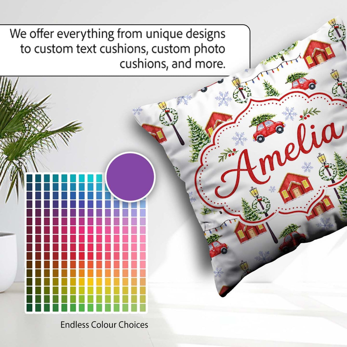 Custom Name Watercolor Winter Village Houses Trees Cars Seamless Square Filled Cushion Throw Pillow Sofa Bed Home Decor Zip Washable UK Made