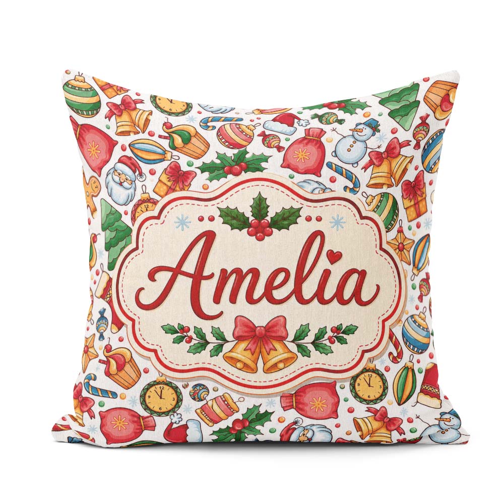 Custom Name Christmas Santa Gifts Candy Snowman Seamless Pattern Square Filled Cushion Throw Pillow Sofa Bed Home Decor Zip Washable UK Made