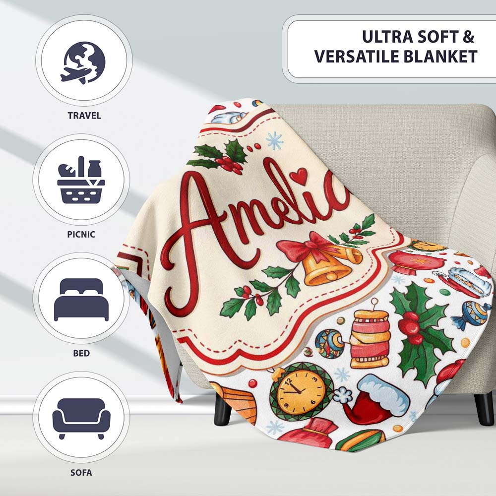 Cute Christmas Santa Gifts Candy Snowman Seamless Pattern Lovely  Personalised Custom Name Super Soft Fleece Blanket Bed Sofa Throw