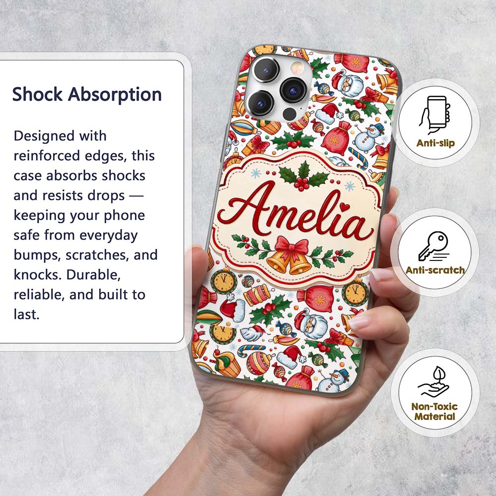 Cute Christmas Santa Gifts Candy Snowman Seamless Custom Name Protective Phone Case Mobile Cover Durable Everyday Smartphone Shock Resistant