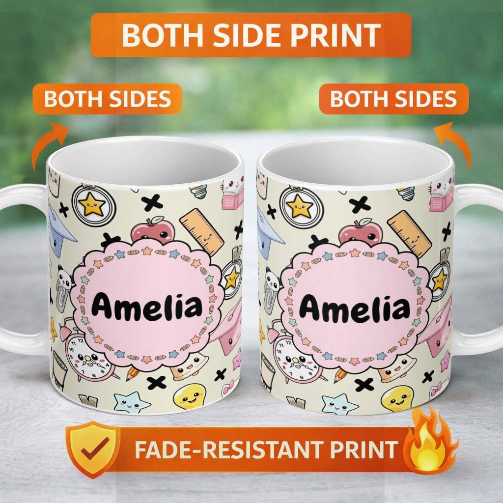 Personalized Custom Name Cute Kawaii School Cat Books Apple Clock Supplies Pattern Cream 11oz Ceramic Coffee Tea Mug White Large Handle