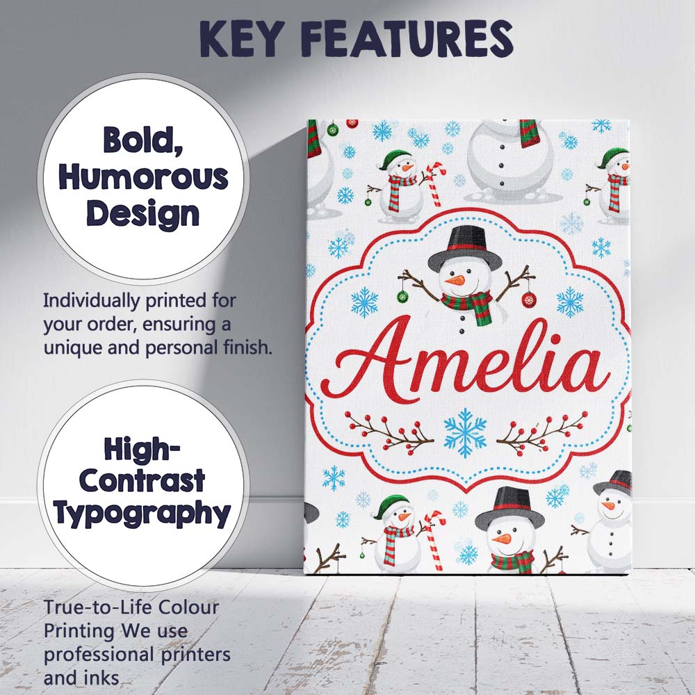 Personalised Name Cute Snowman Winter Scarf Custom  Bespoke Interior Contemporary Canvas Wall Art Print Decor Picture Ready to Hang