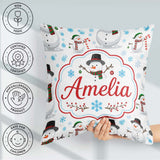 Custom Name Snowman Winter Scarf Hat Snowflakes Seamless Pattern Square Filled Cushion Throw Pillow Sofa Bed Home Decor Zip Washable UK Made