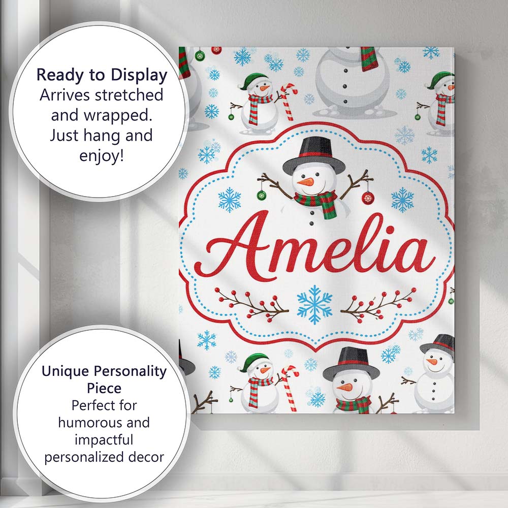 Personalised Name Cute Snowman Winter Scarf Custom  Bespoke Interior Contemporary Canvas Wall Art Print Decor Picture Ready to Hang