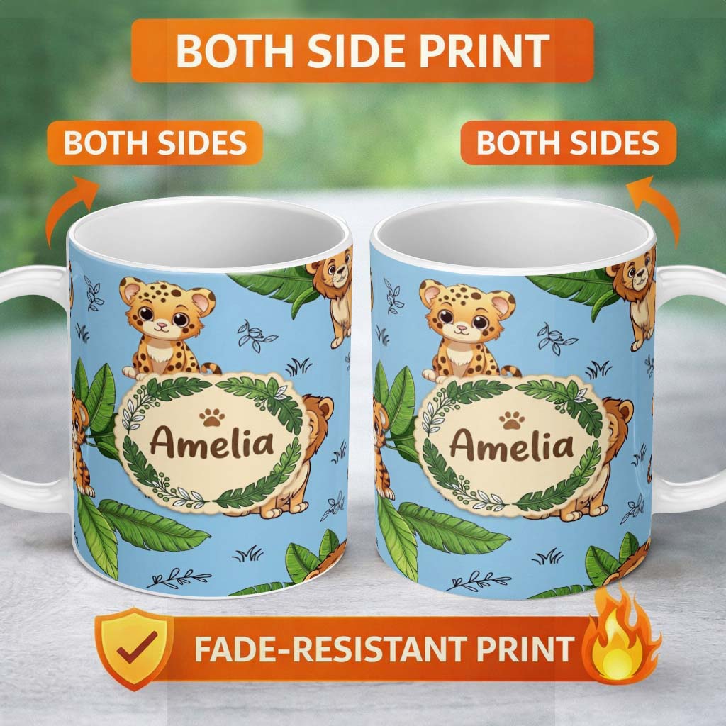 Personalized Custom Name Cute Jungle Animals Light Background Seamless Pattern Lovely 11oz Ceramic Coffee Tea Mug White Large Handle