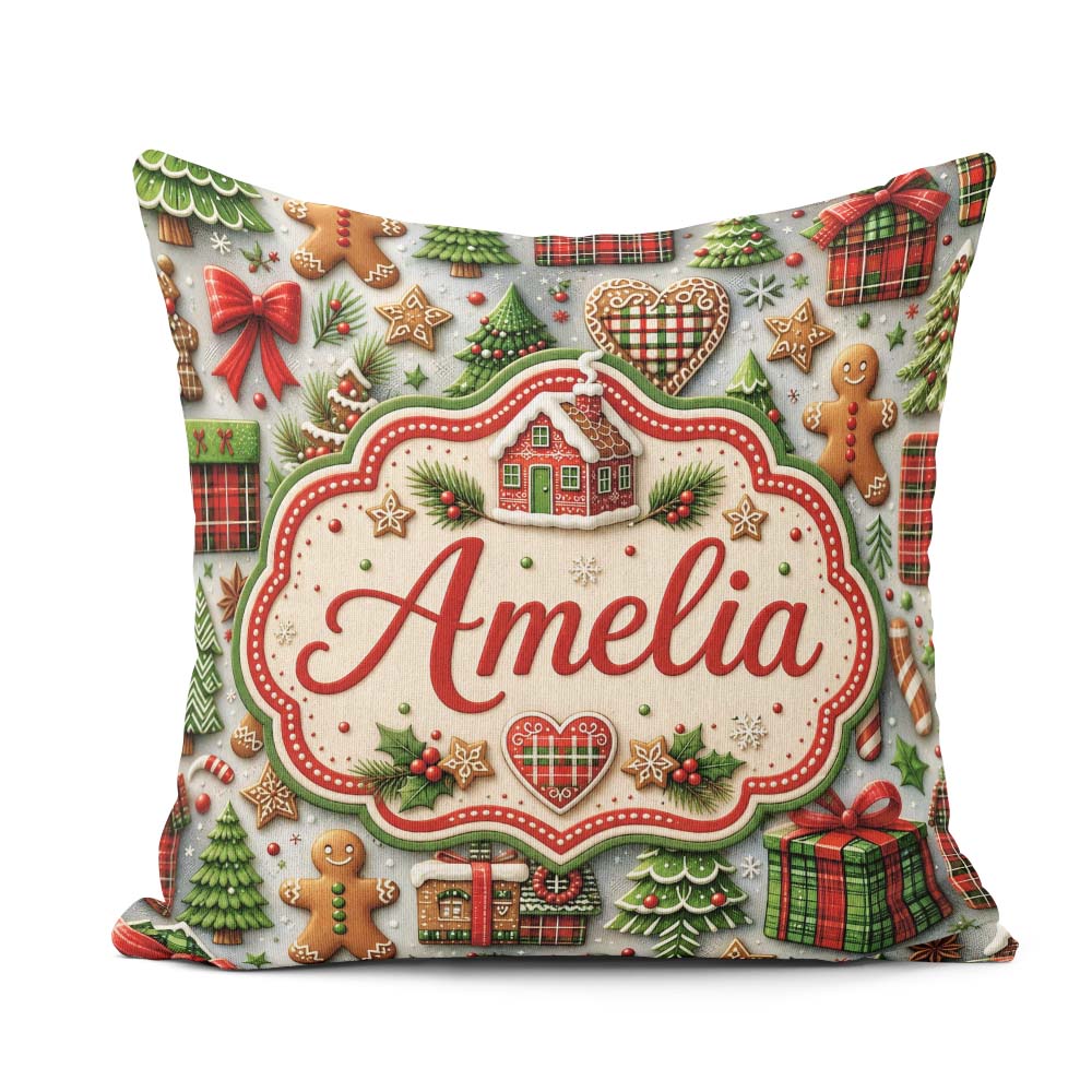 Custom Name Festive Christmas Gingerbread House Cookies Seamless Square Filled Cushion Throw Pillow Sofa Bed Home Decor Zip Washable UK Made
