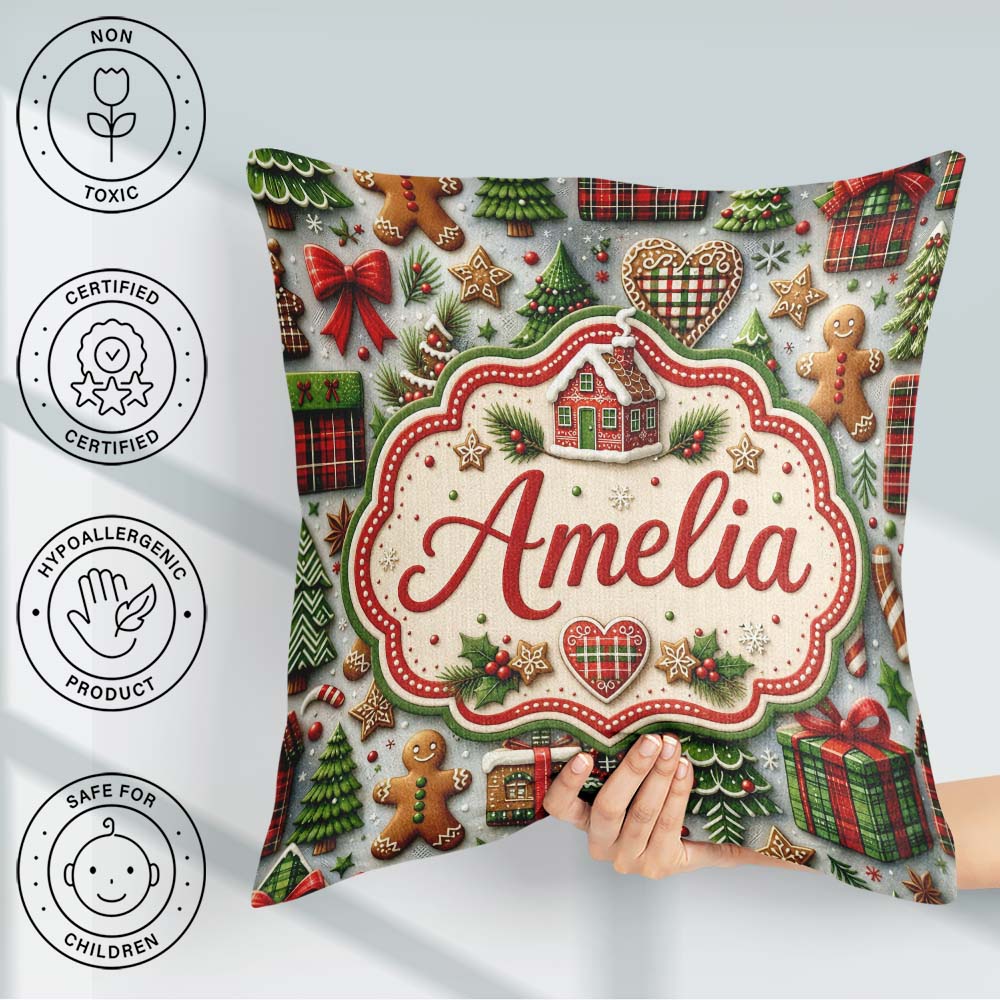 Custom Name Festive Christmas Gingerbread House Cookies Seamless Square Filled Cushion Throw Pillow Sofa Bed Home Decor Zip Washable UK Made