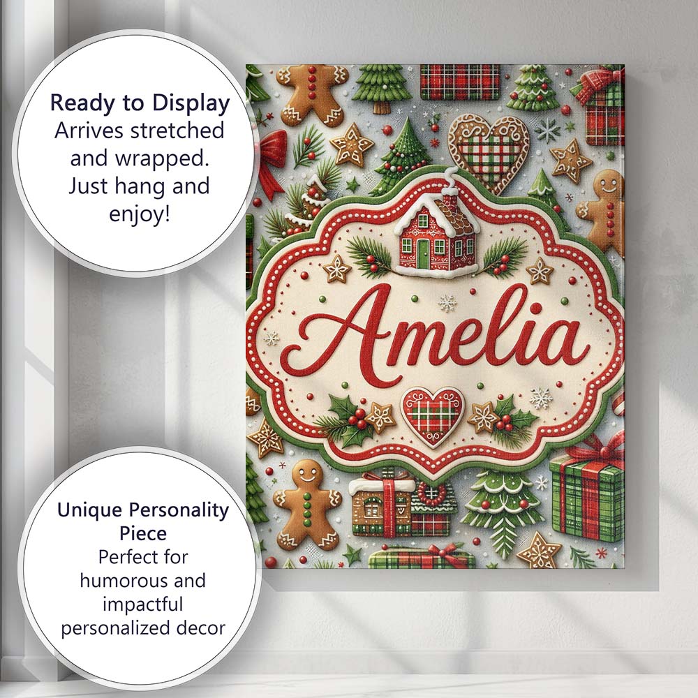 Personalised Name Festive Christmas Gingerbread House Cookies Premium Decorative Design Canvas Wall Art Print Decor Picture Ready to Hang