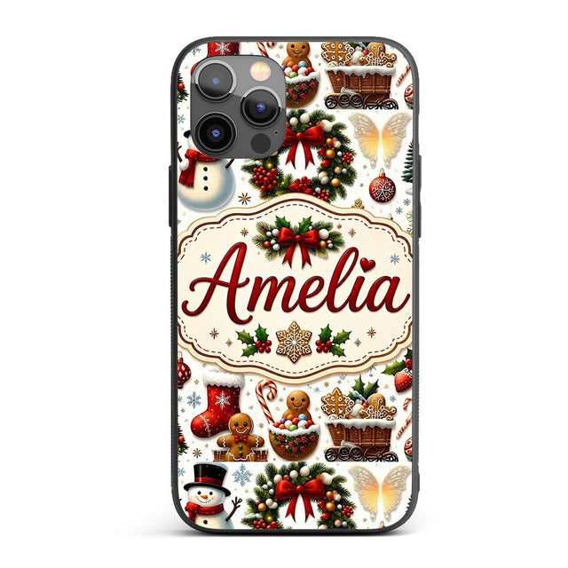 Cute Christmas Wreath Snowman Gingerbread Cookies Custom Name Protective Phone Case Mobile Cover Durable Everyday Smartphone Shock Resistant